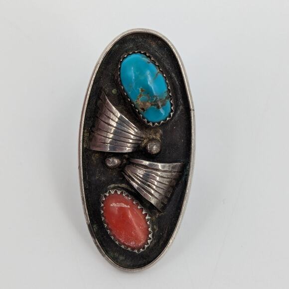 1960s Navajo Oval Sterling Silver Ring with Turquoise & Coral Chunky Native 5.5 - Picture 1 of 5